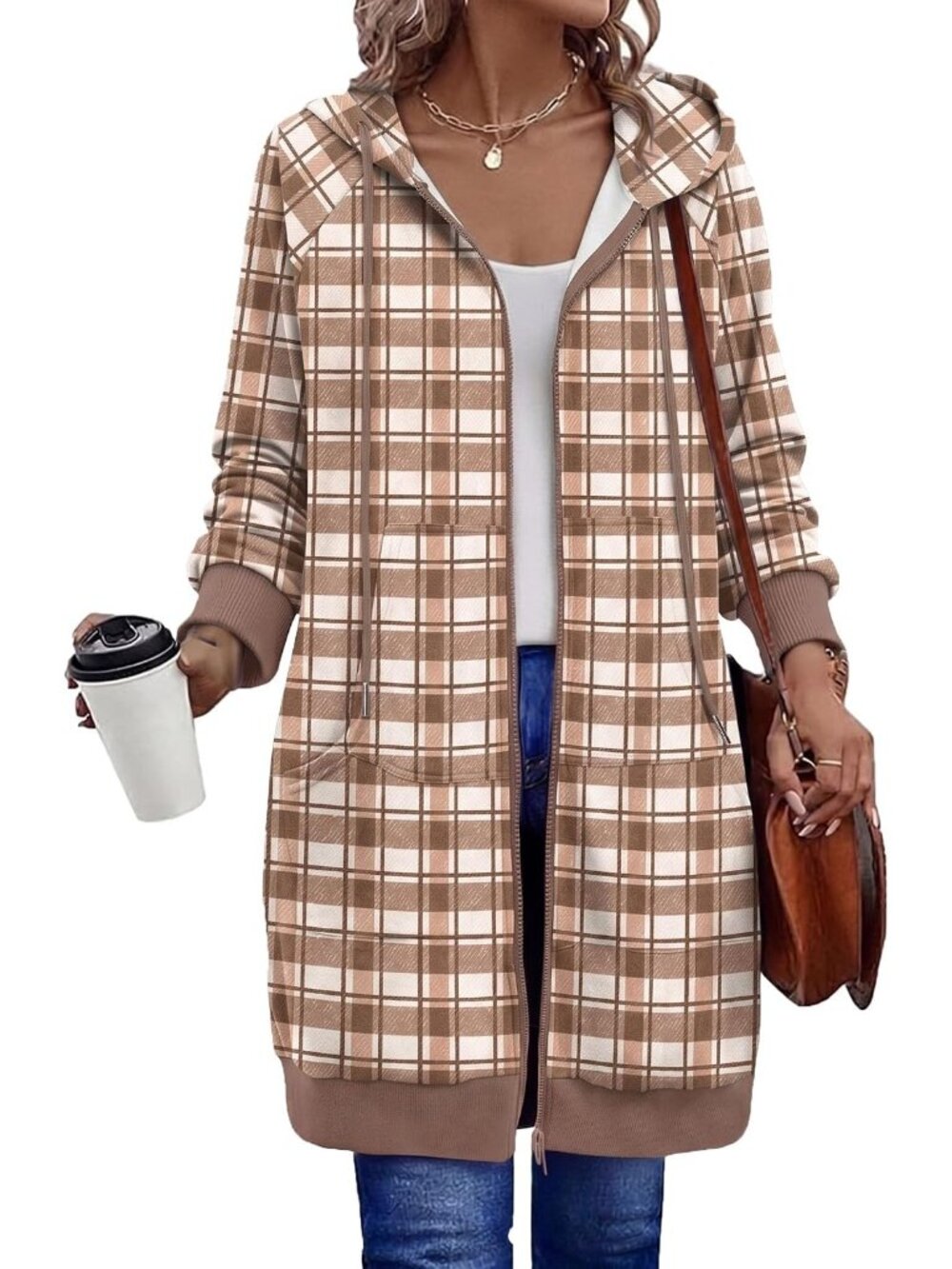 Women's Brown White Plaid Long Fleece Hoodie Zip Front Tunic Pocket Jacket